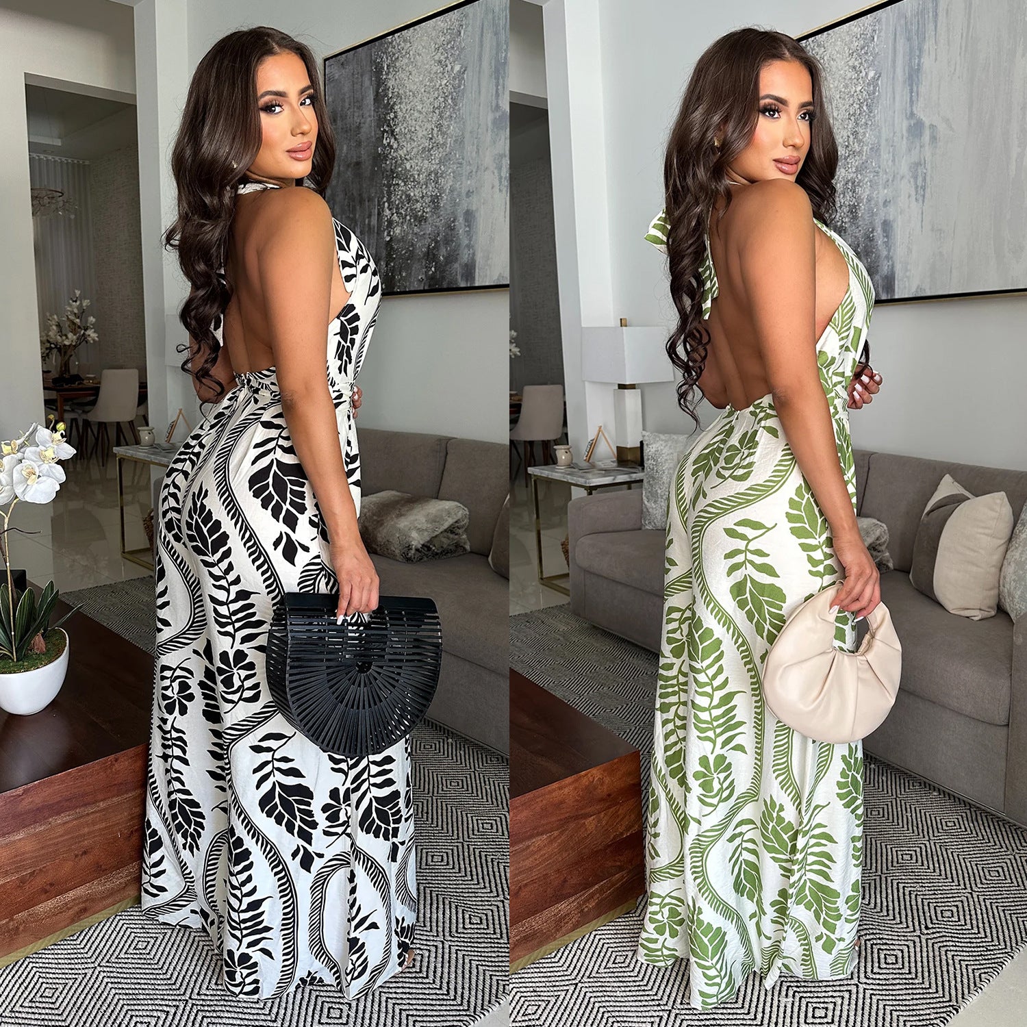 Women Casual Sexy V-Neck Backless Print Jumpsuit 7