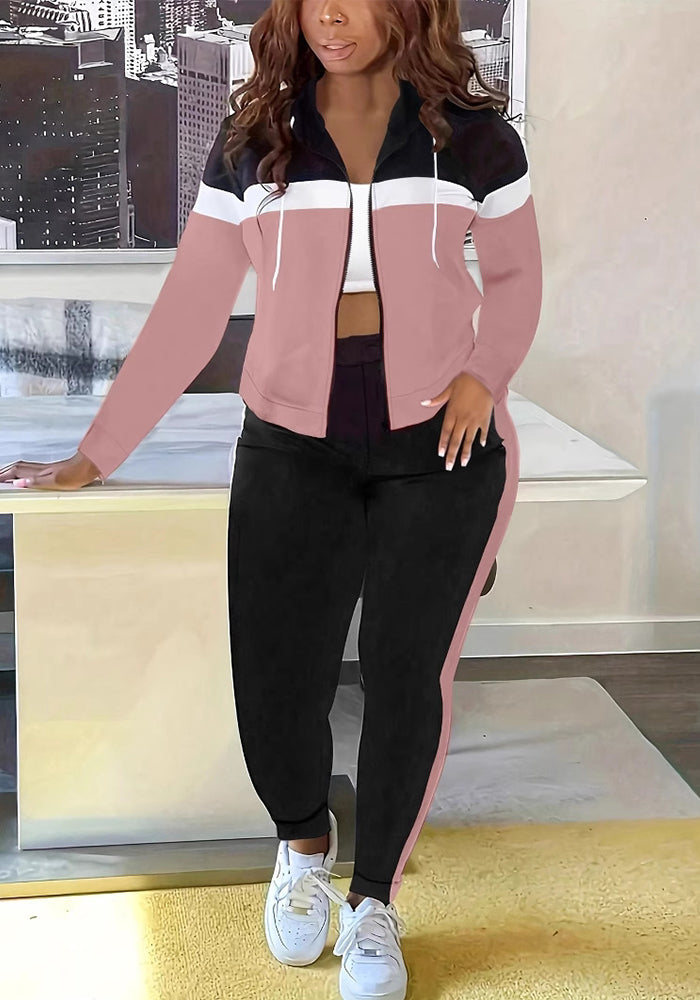 Fashion Women Patchwork Casual Sports Hooded Jacket Pants Set