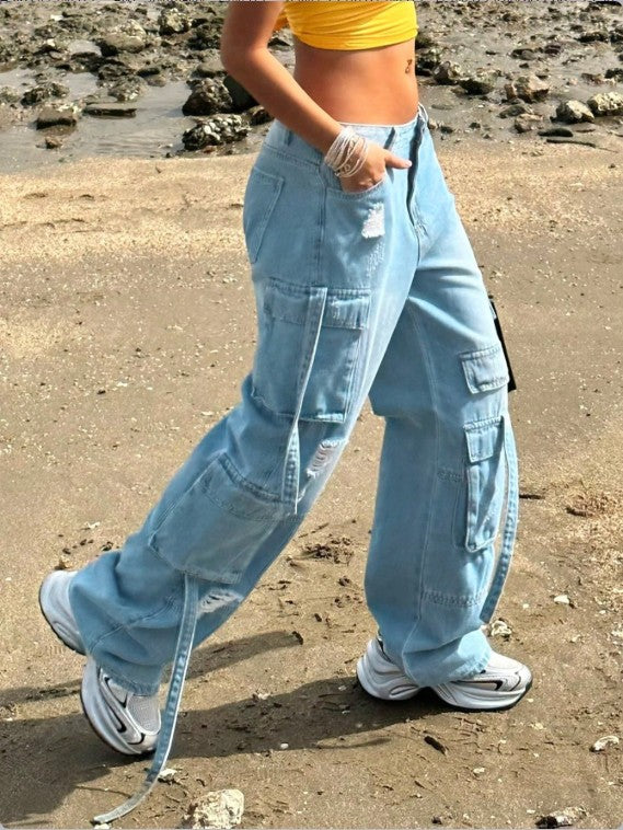 Women Cargo Pocket Light Blue Denim Pants
