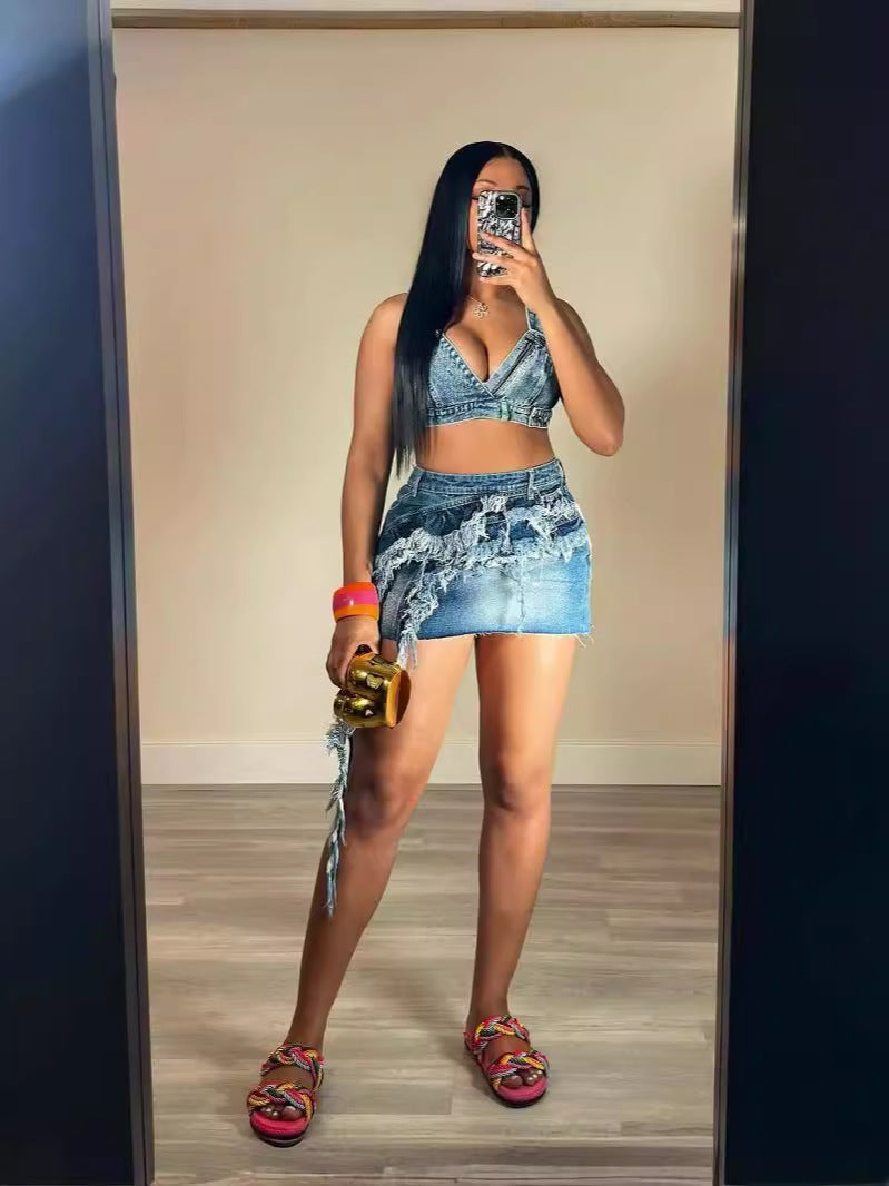 Women Summer Style Tassel Top and Skirt Elastic Denim Two-piece Set