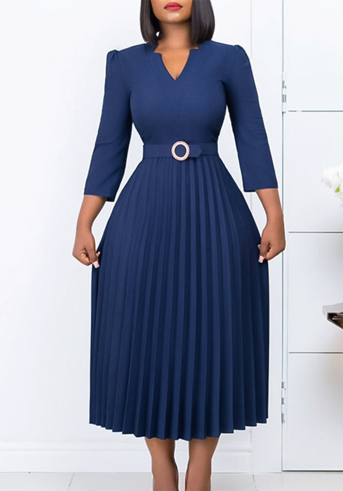 Women Autumn V-neck Elegant Pleated Dress