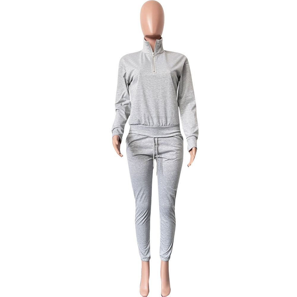 Women's Fashion Solid Hoodies Casual Sports Stand Collar Zip Cotton Two Piece 17