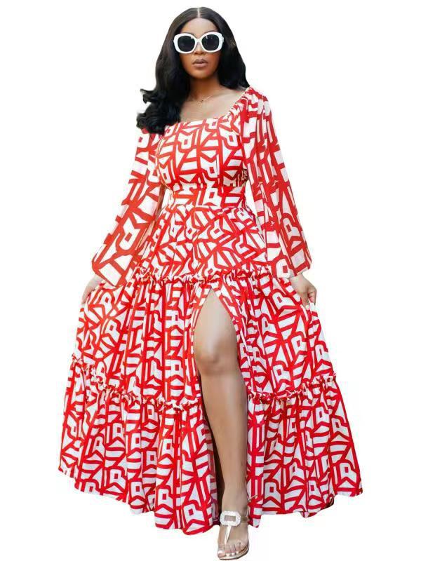 Women spring elegant slit printed u-neck dress 6