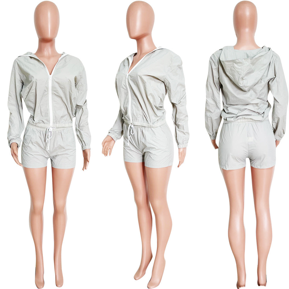 Women's Fashionable casual long sleeve sun protection Hooded Top and Shorts set 8