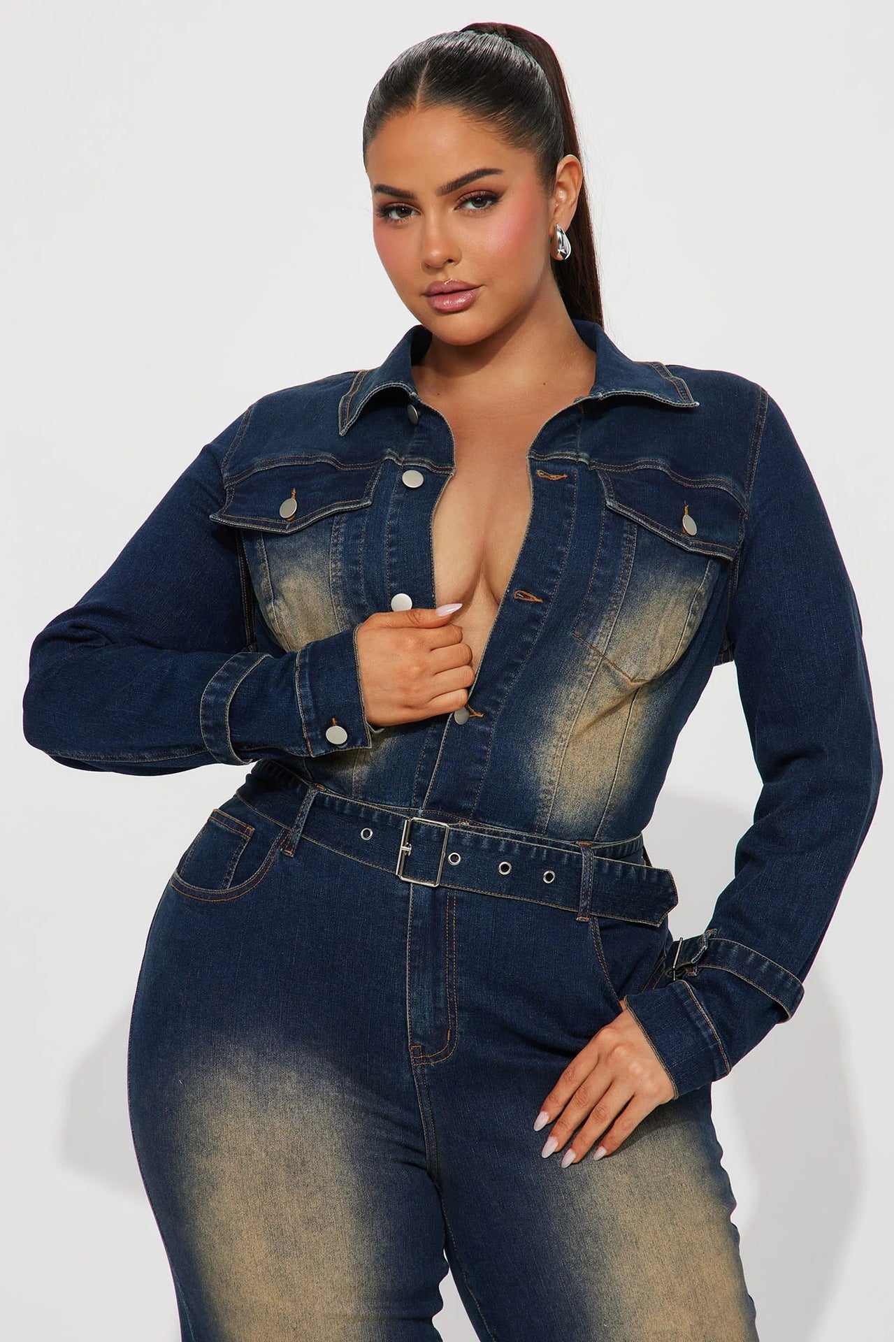 Women long sleeve Denim Stretchy Bell Bottom Jumpsuit 4