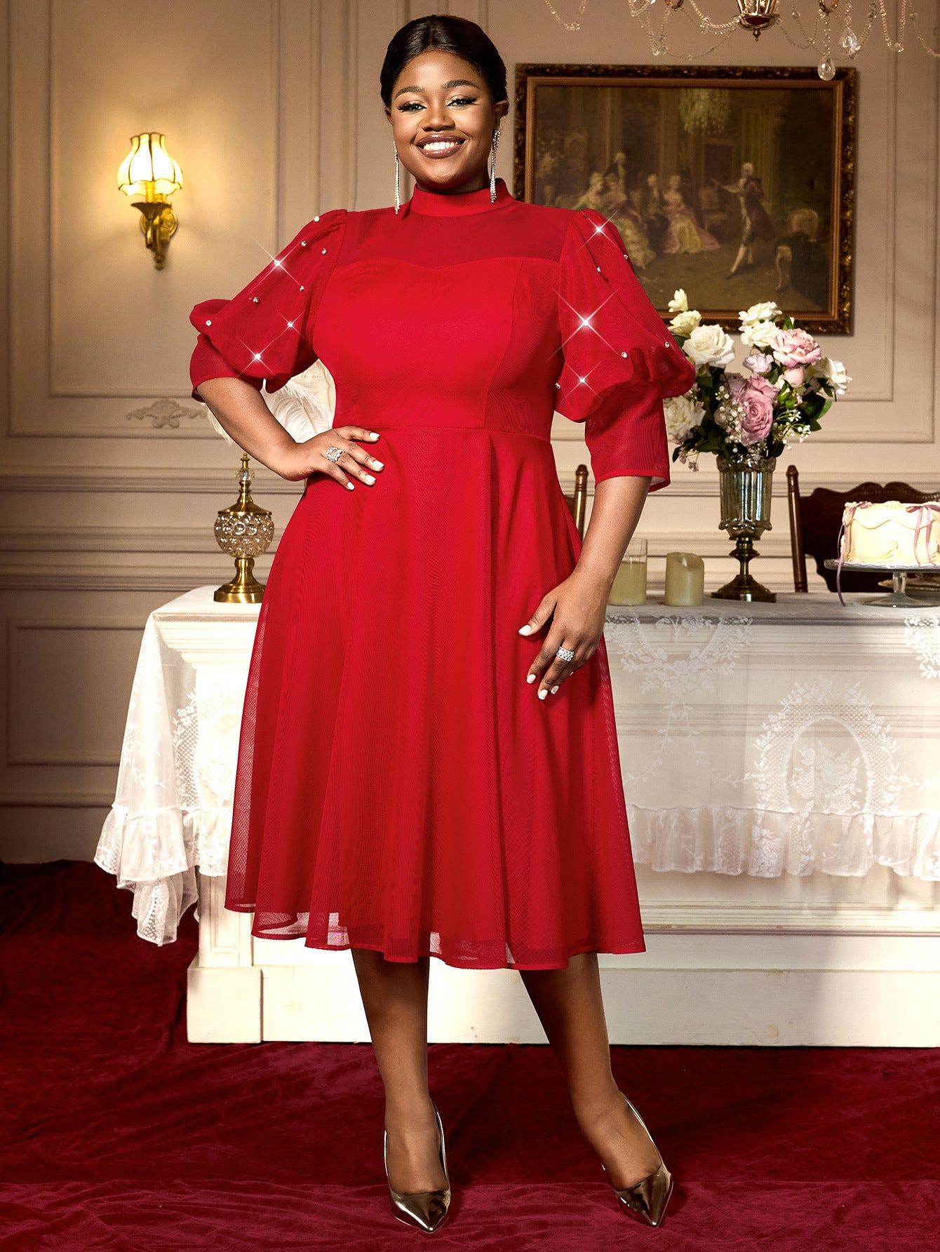 Plus Size Women Red Translucent Lantern Sleeve Half High Neck Elegant Dress 6