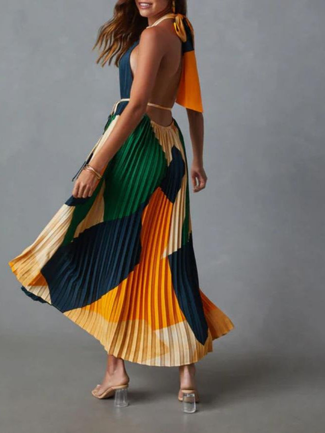 Women Backless Lace-Up Printed Accordion Dress 3