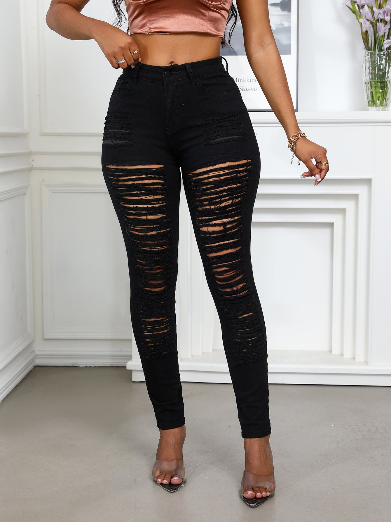 Women Solid Color Stretch Ripped Denim Pants 3