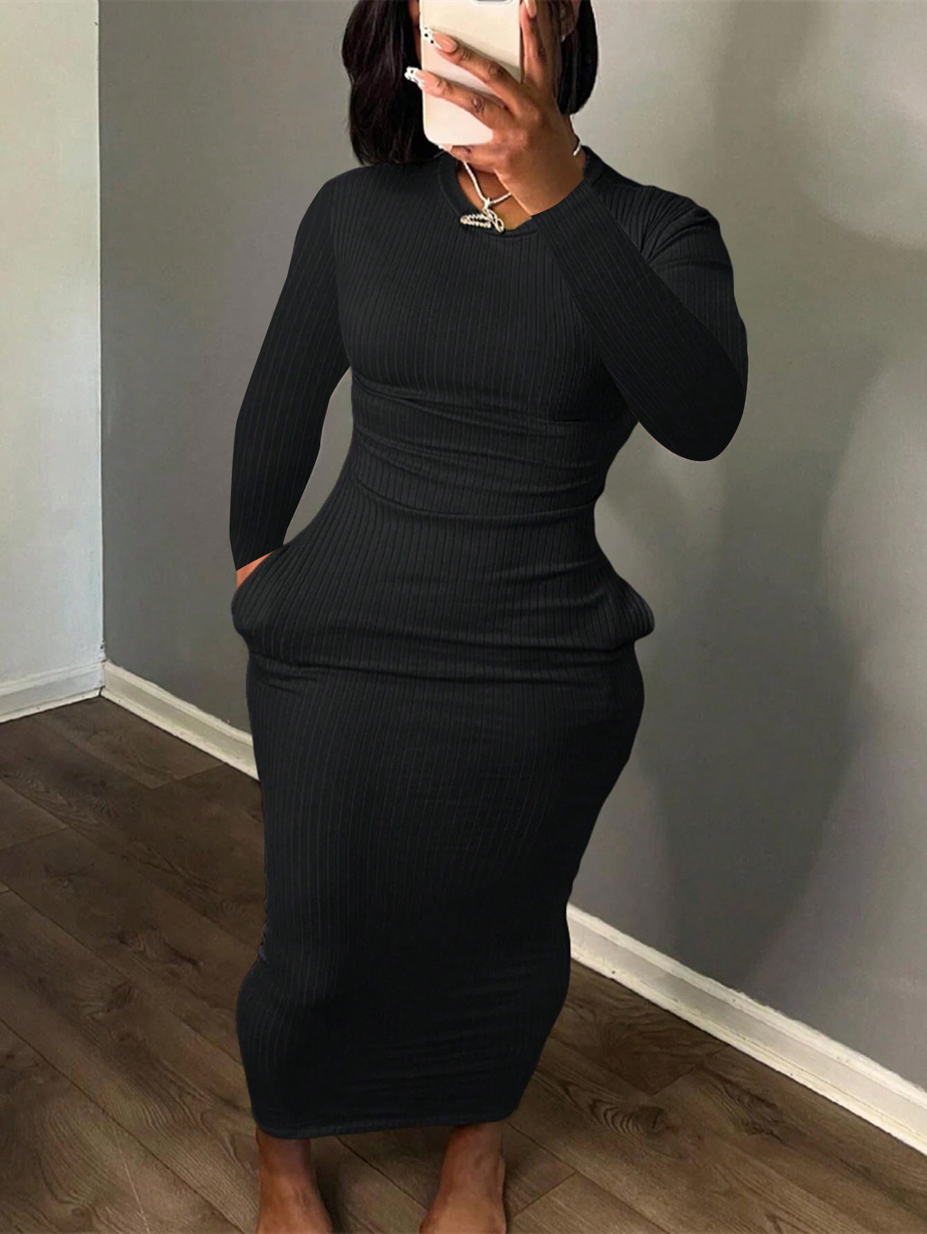 Women knitting Ribbed Solid Round Neck Long Sleeve Bodycon Dress 3