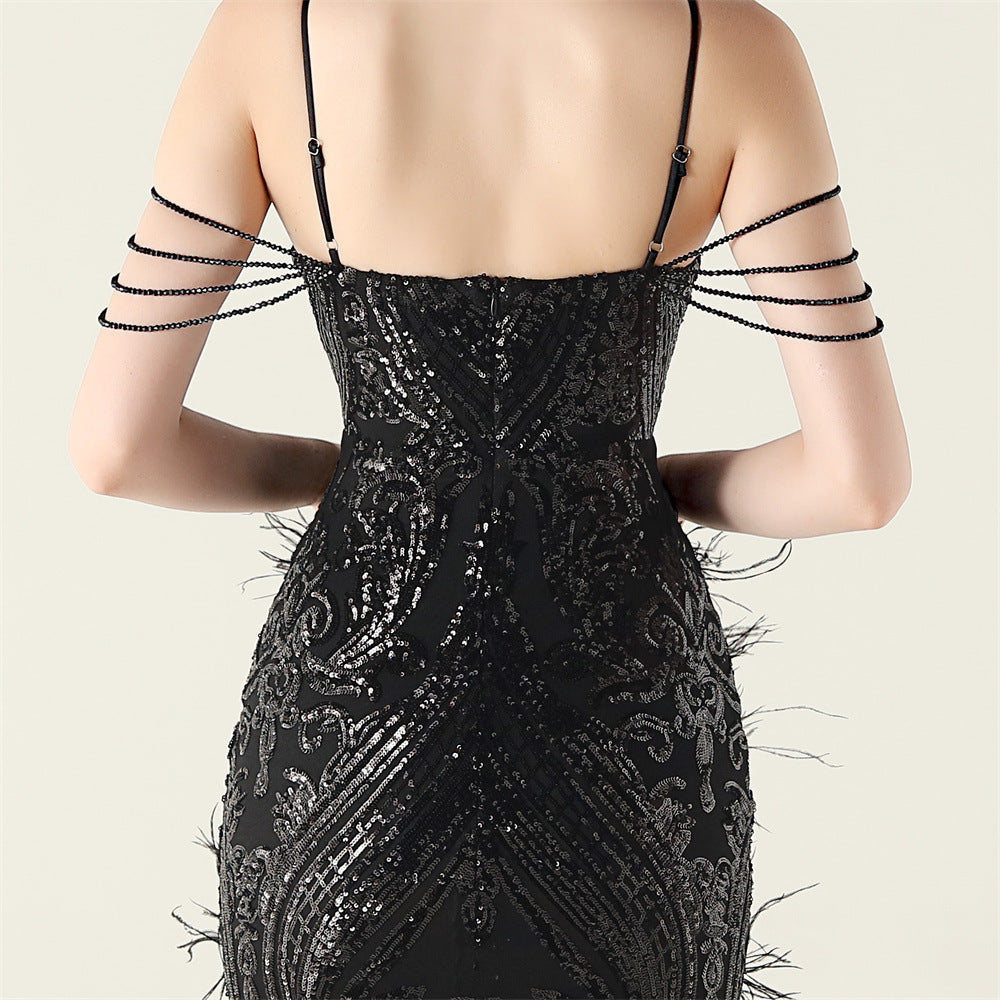 Women Beaded Feather Decoration Beaded Fishtail Evening Dress 40