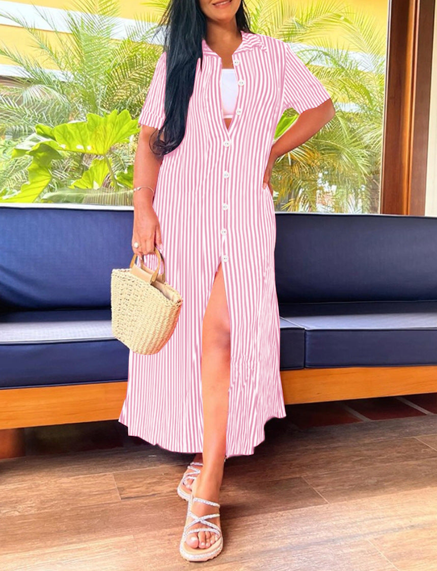 Women Summer Short Sleeve Striped Print Dress 3