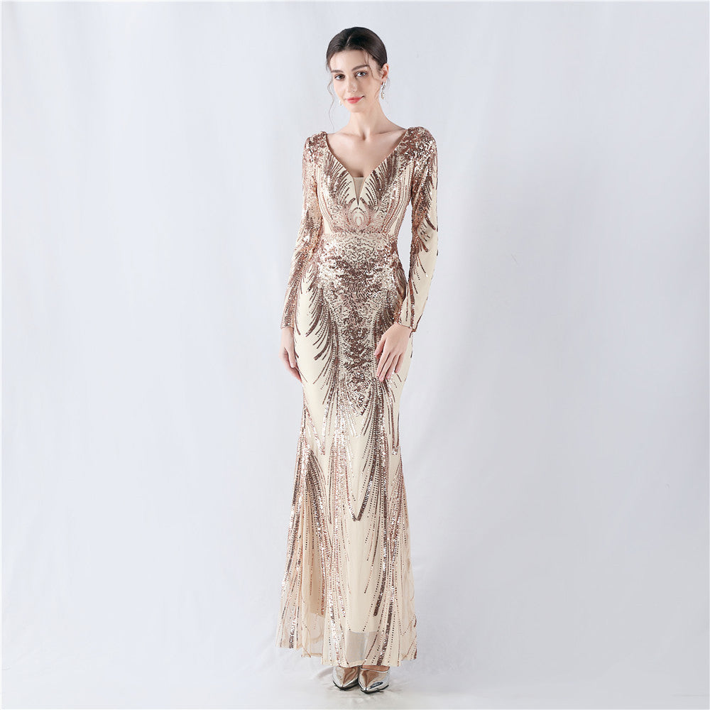 Women Positioning Flower Beaded Long Sleeve Evening Dress 12
