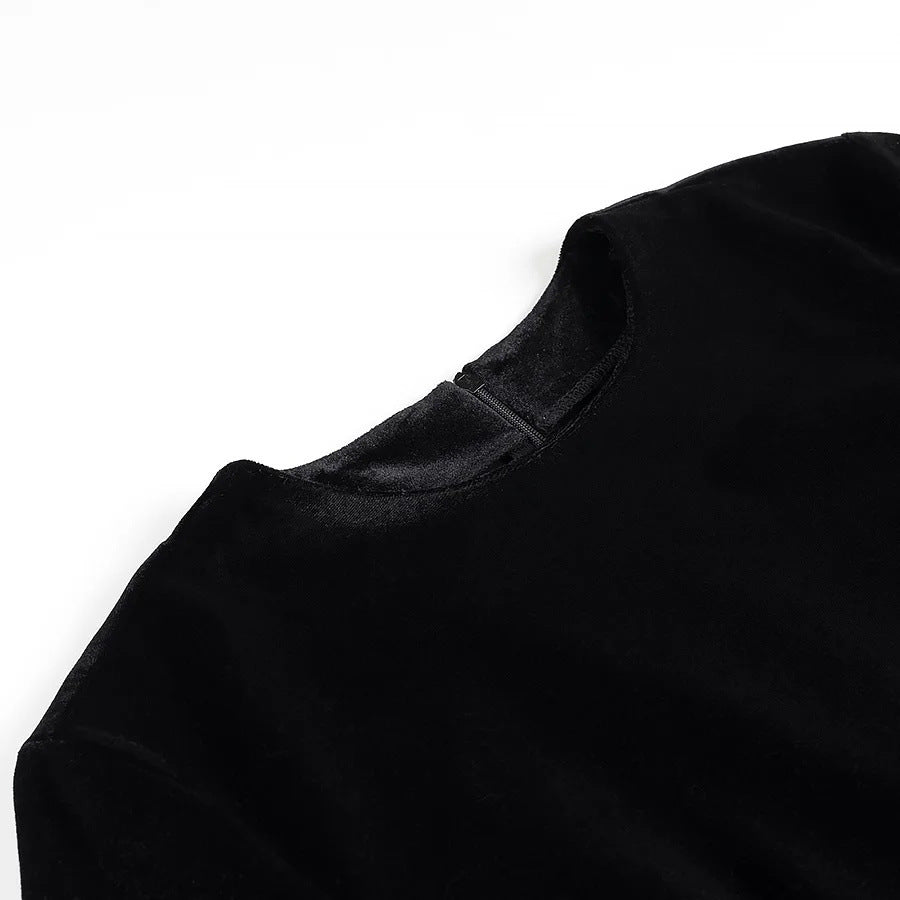 Women's Fashionable Round Neck Padded Shoulder High Slit Open Waist Black Long Dress 9