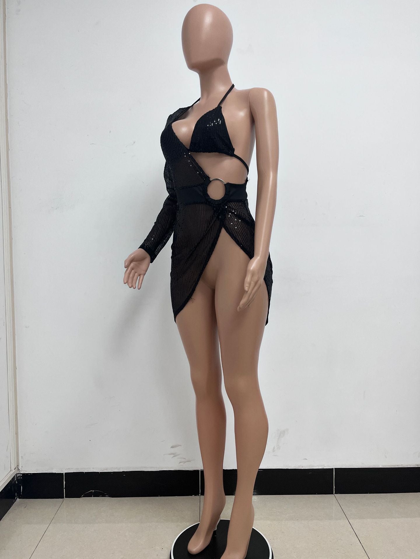 Skirt Summer Women's Sequin Bra Long Sleeve Low Back Dress Nightclub Two Piece Set 12