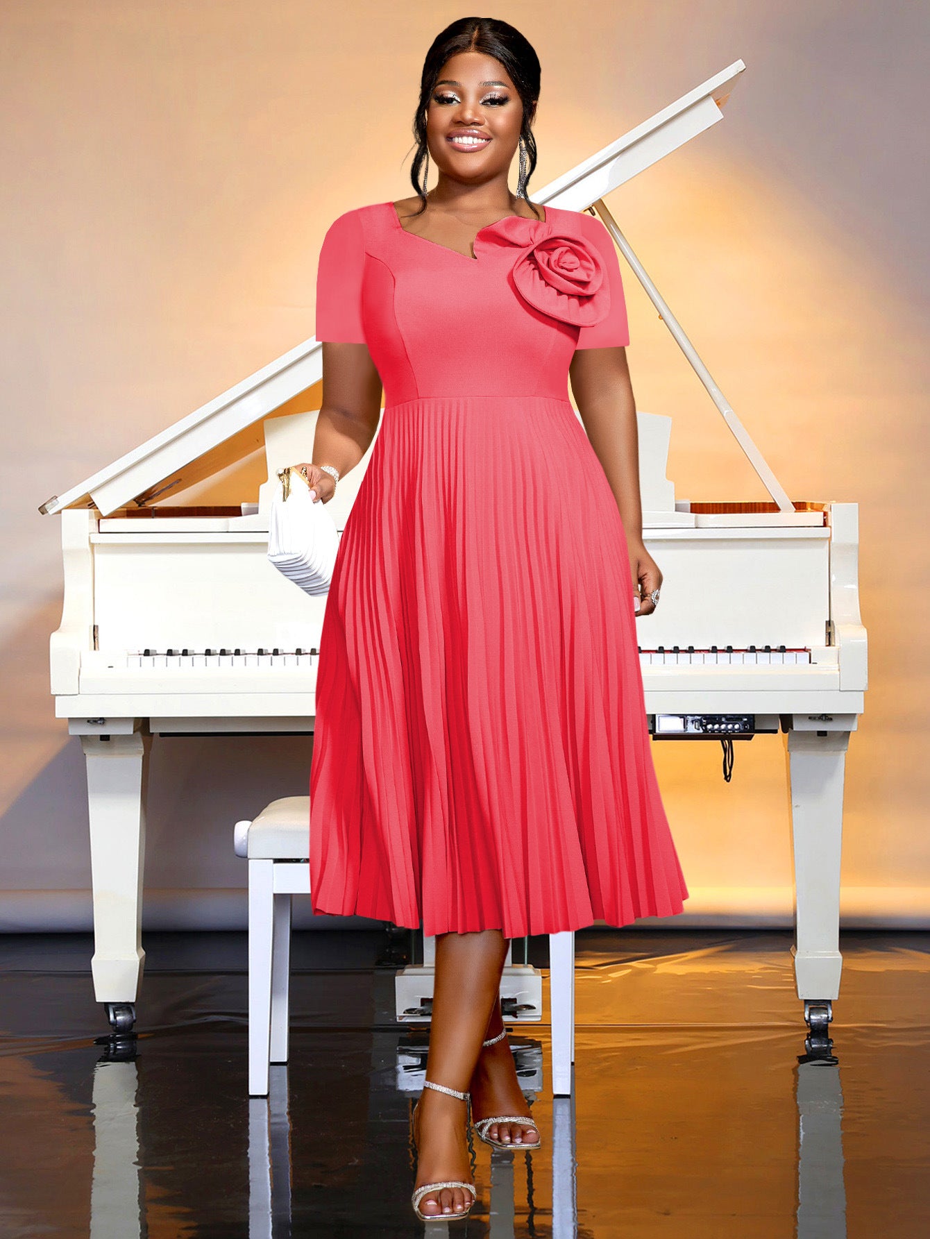 Plus Size Women Watermelon Red Short Sleeve Lace Elegant Maxi Summer Pleated Dress 5