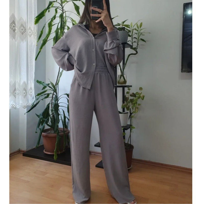 Women Solid Loose Top Casual Wide Leg Pants Two-piece Set 5
