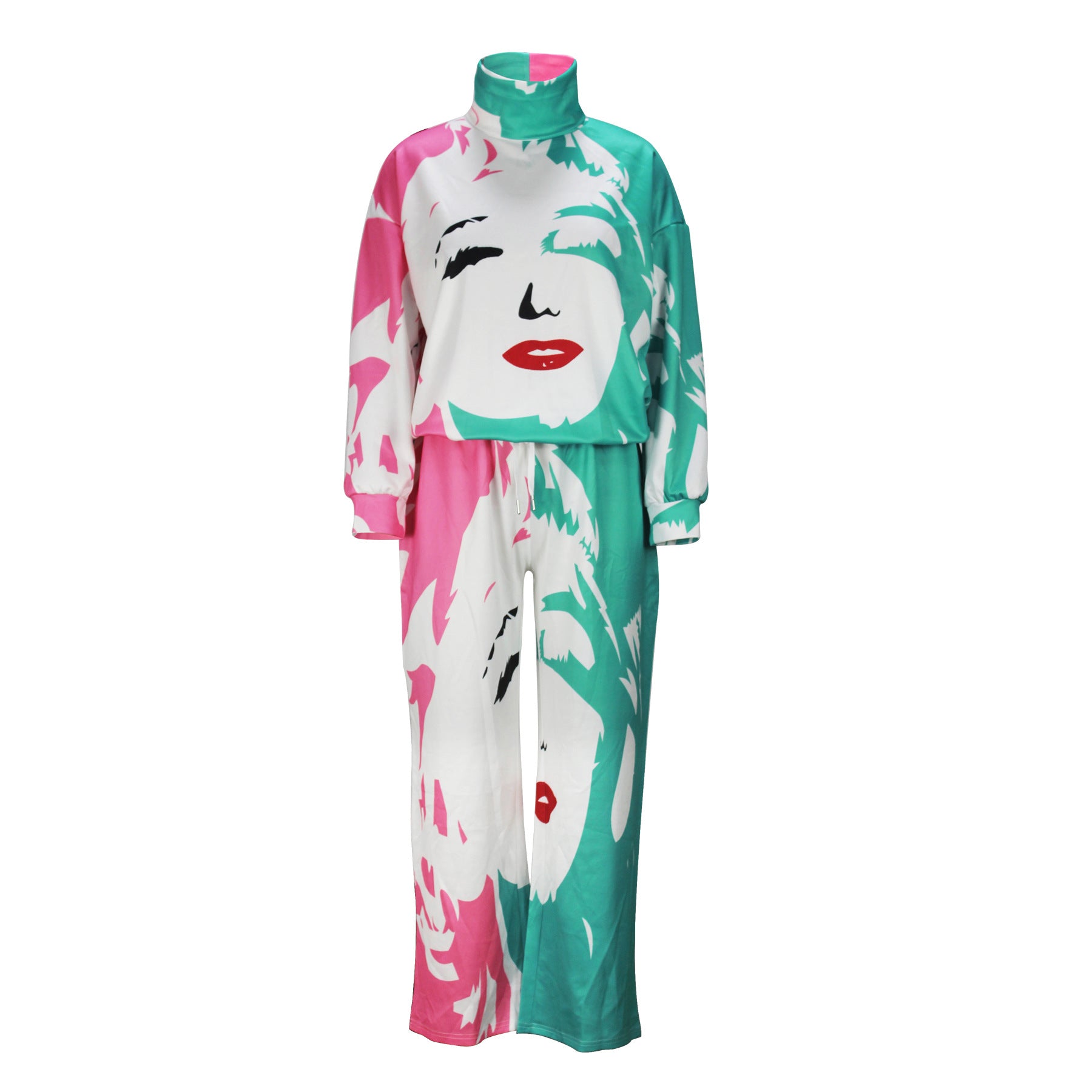 Autumn And Winter Women's Fashion Printed Casual Turtleneck Top Loose Trousers Two-Piece Set