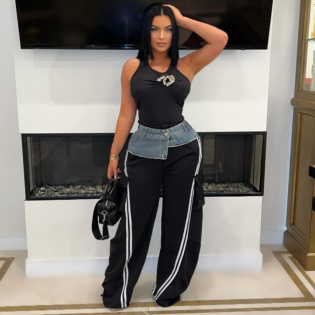 Women's Fashion Denim Patchwork Loose Straight Pants