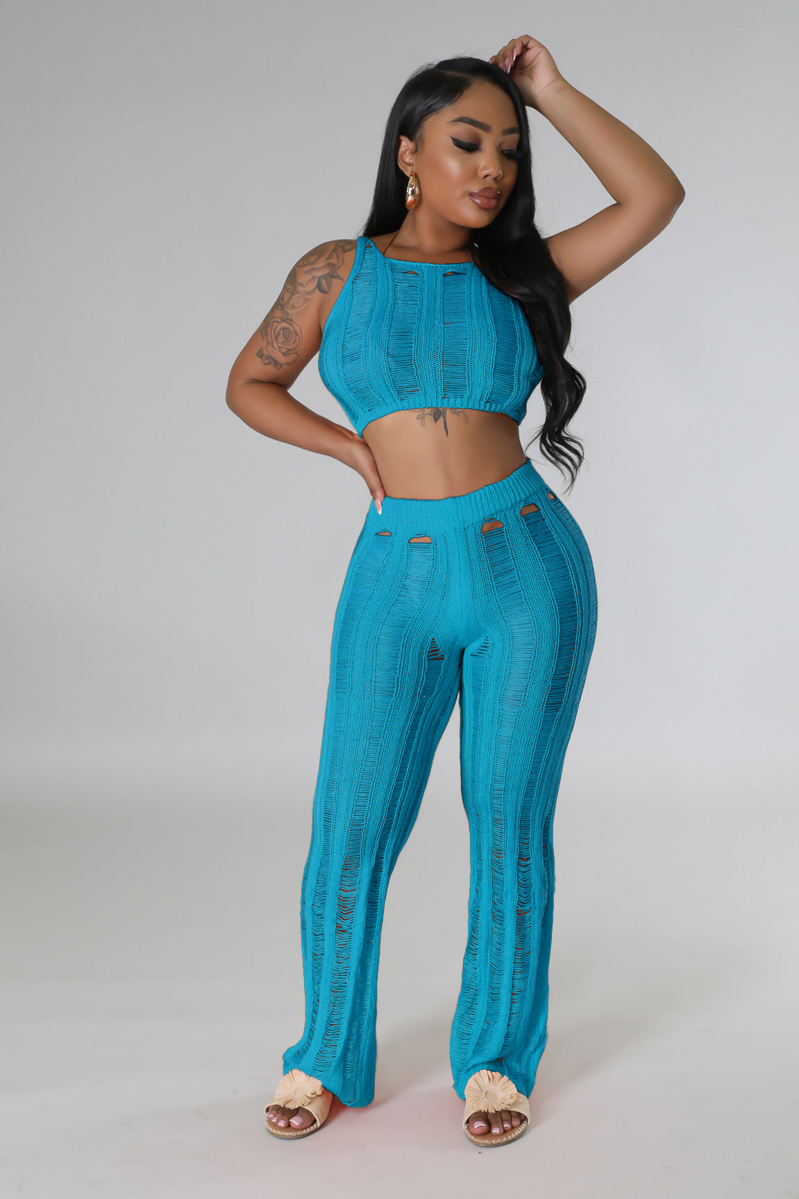 Summer Women Sexy Round Neck Sleeveless Ripped Crop Top and Pant Two-Piece Set 3