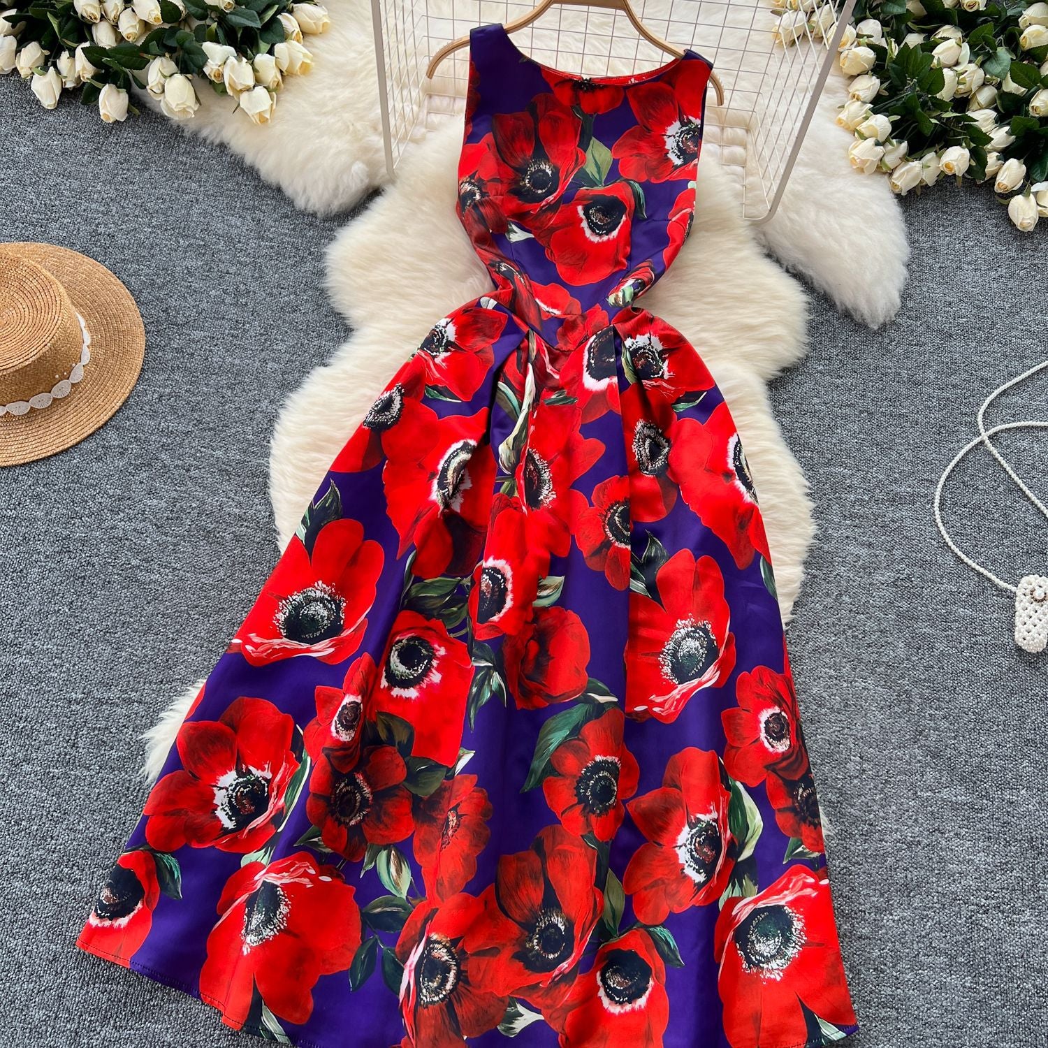 Fashion Printed Round Neck Slim Waist Pleated Flare Sleeveless Mini Dress 29