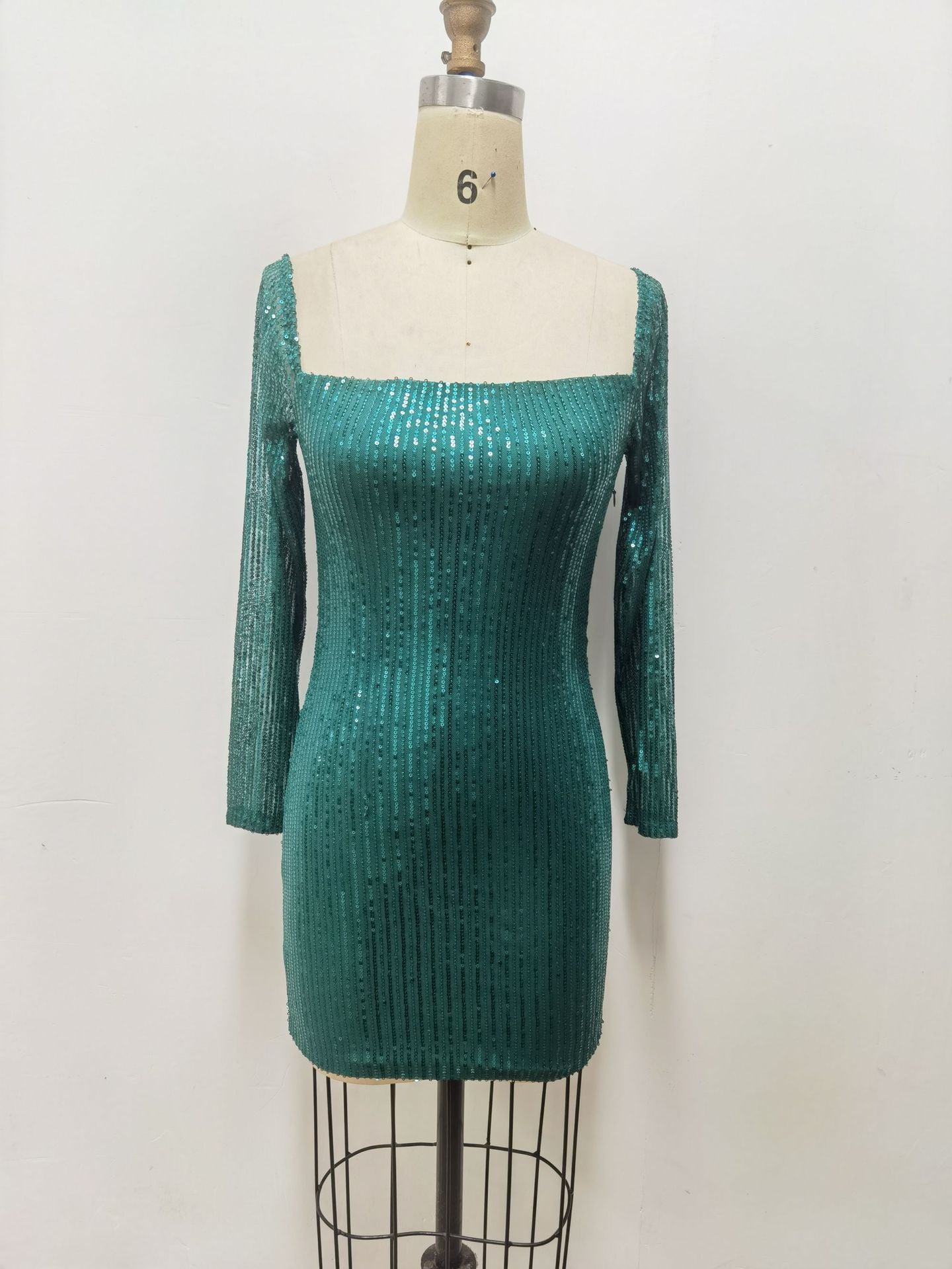 Sexy Long Sleeve Solid Color Sequin Evening Dress Slim Bodycon Dress 33