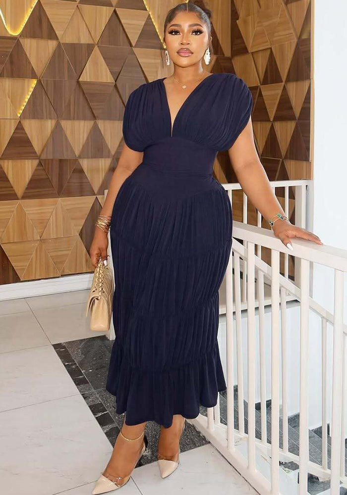 Women Summer Navy V-Neck Puff Sleeve Ruffle Dress