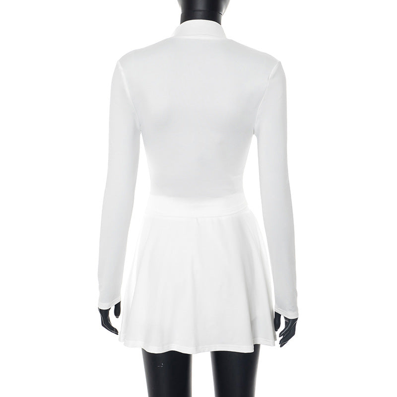 Women's Stand Collar Long Sleeve Slim-Fit Zip-Up Cropped Top & Short Skirt Two-Piece Set 7