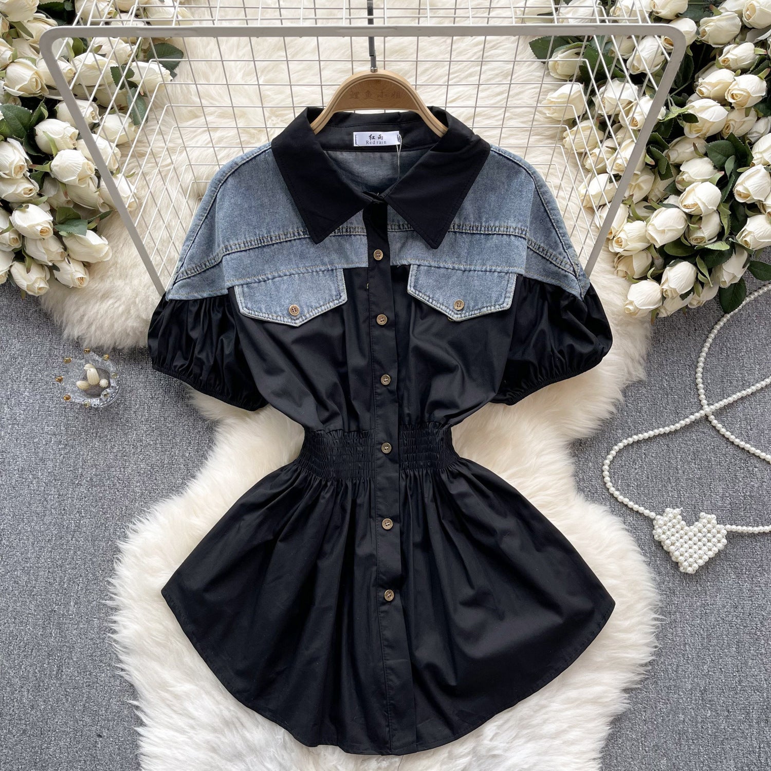 Women Contrast Patchwork Puff Sleeve Stretch Shirt 3