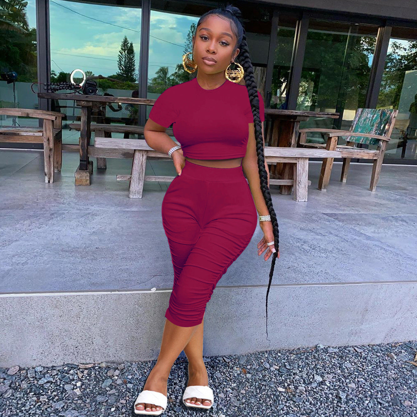 Summer Women's Solid Color Tight Fitting Cropped Short Sleeve T-Shirt Women's Pleated Two Piece Set 20