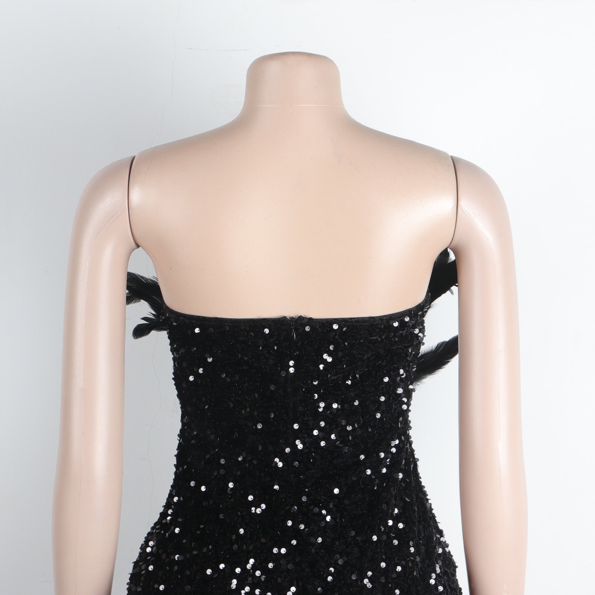 Sexy Feather Sequin Strapless Tight Fitting Slim Bodycon Dress 18