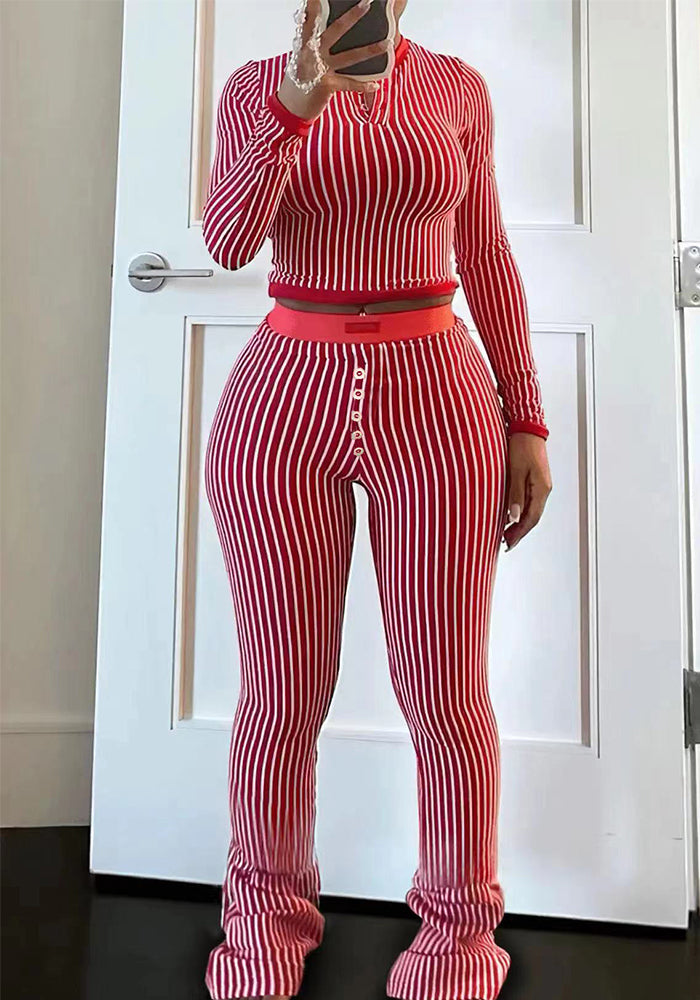 Women Fall and Winter Striped Top and Pant Two-Piece Set