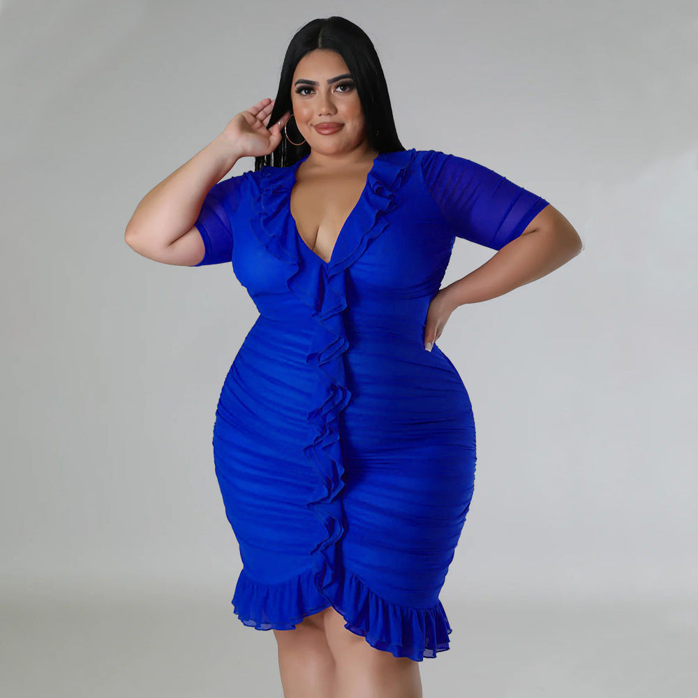 Plus Size Women'S Mesh Lining See-Through Double Layer Ruffle Sexy Dress 6