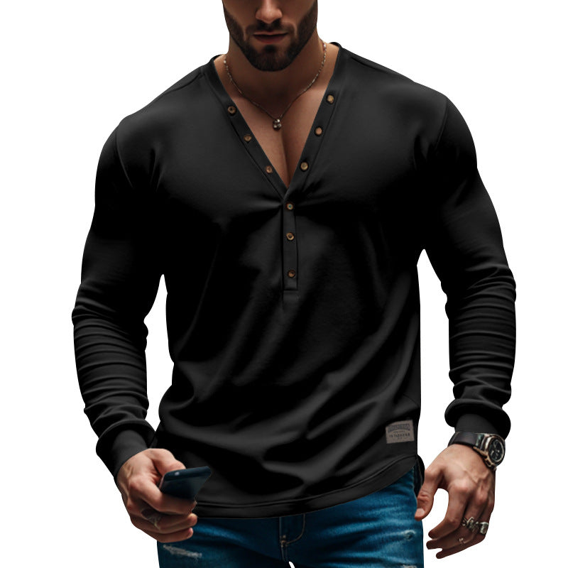 Men's American Solid long-sleeved Casual Basic Button v-neck top