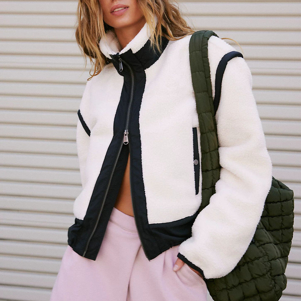 Women Stand Collar Outdoor Sherpa Cardigan Zip Jacket 3