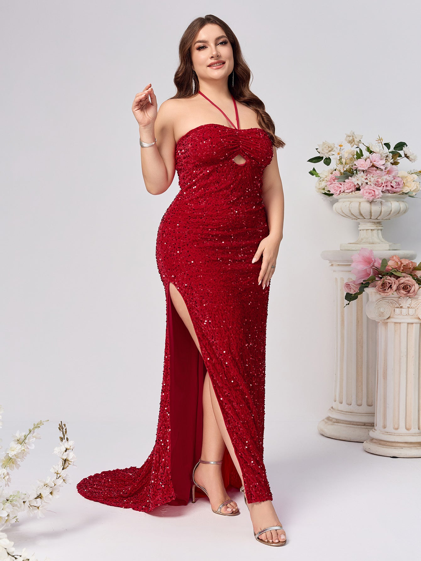Plus Size Women Fashion Sexy Halter Neck Slit Red Sequin Evening Dresses 6