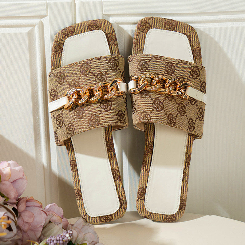 Summer Women Square Toe Rhinestone Chain Fashion Outdoor Wear Slippers Beach Sandals 10