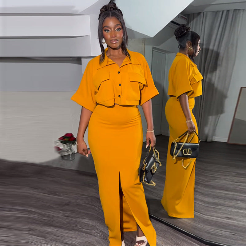 Women's Summer Turndown Collar Short Sleeve Shirt Top Slit Long Skirt Suit 3