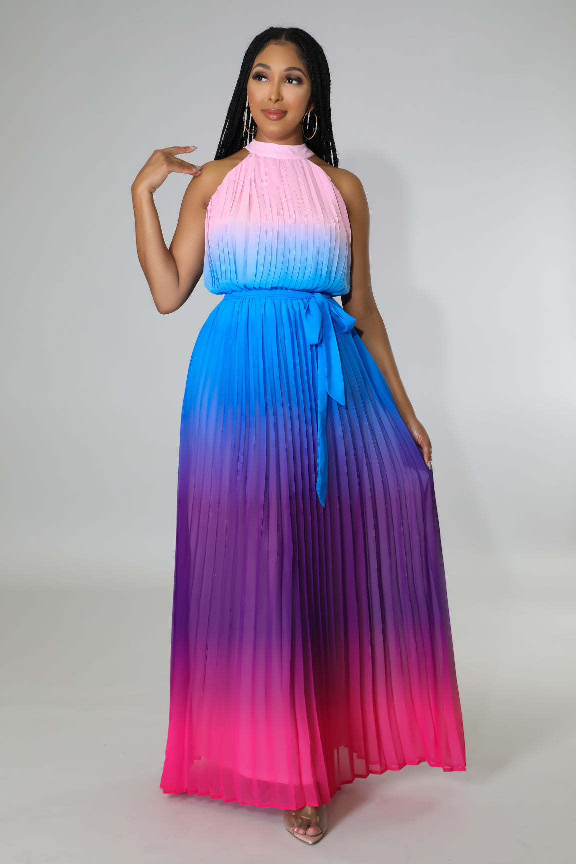 Women's Round Neck Sleeveless Maxi Pleated Tie Dye Pressed Pleated Slim Waist Rainbow Dress 3