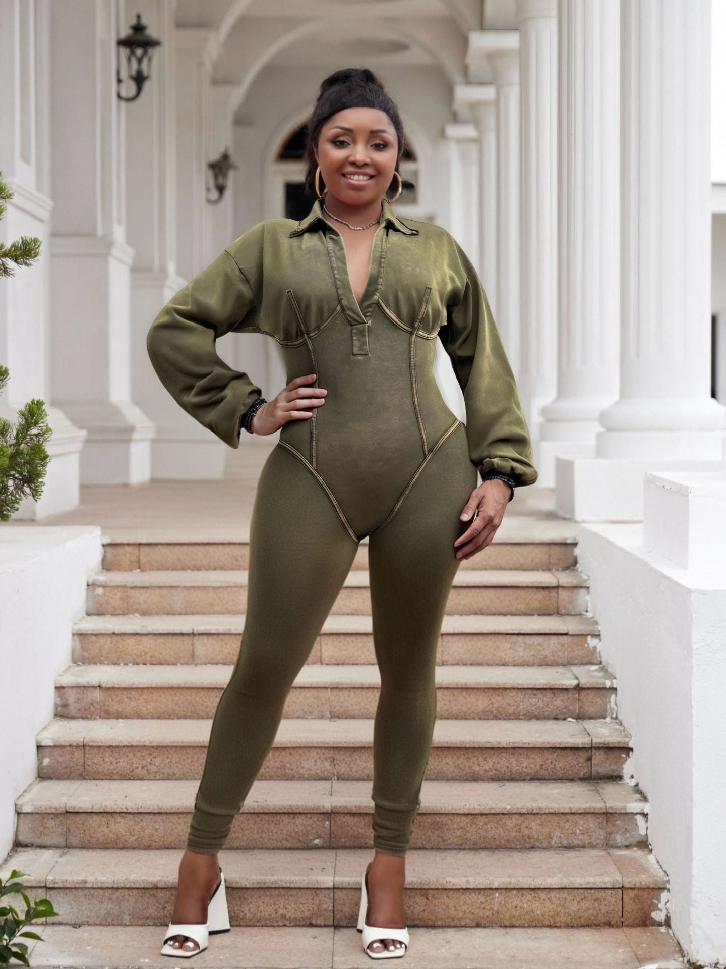 Plus Size Fashion Women Denim Washed Sexy Deep V Tight Fitting Long Sleeve Jumpsuit 8