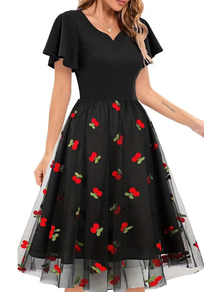 Summer Wear Embroidered Mesh Patchwork Midi A-Line Dress Women's Clothing