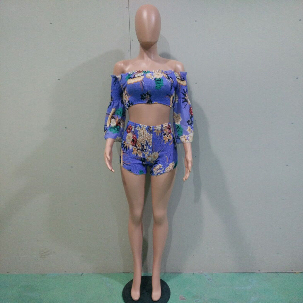 Women's Fashion Print Off Shoulder Bell Bottom Sleeve Two-Piece Set 18