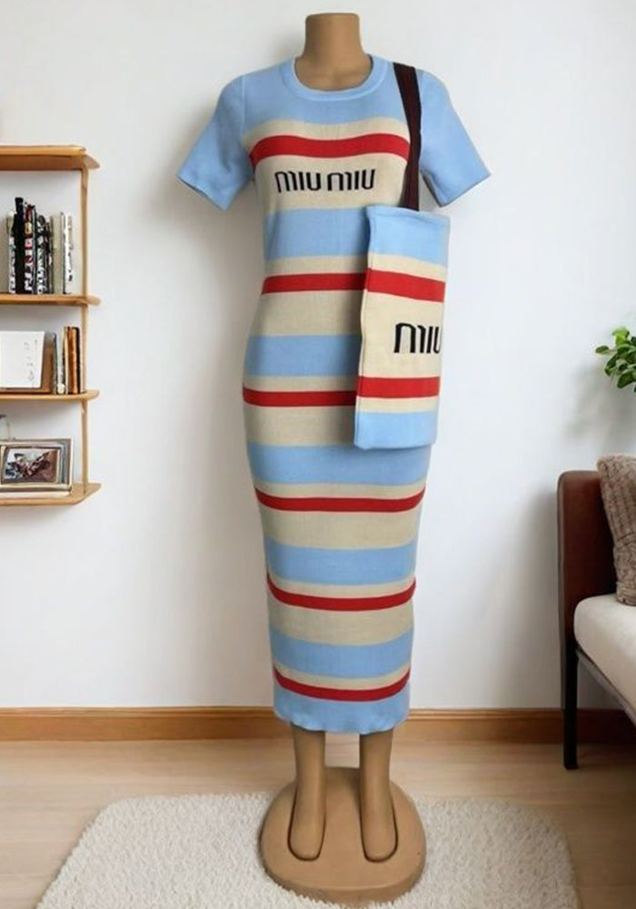Color Block Striped Knitting Short Sleeve Summer Casual Long Dress(With Bag）