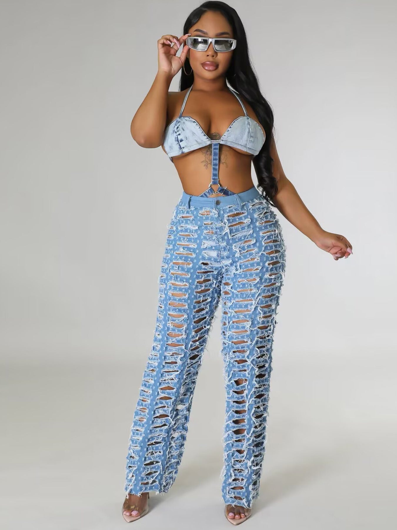 Spring Summer Women's Ripped Tassel Solid Color Wide Leg Pants