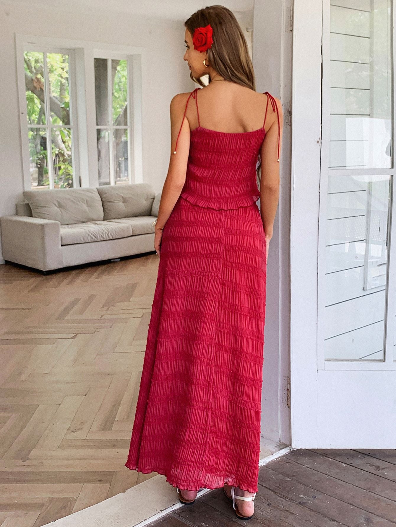 Elegant Lace-Up Ruffle Halter Top & A-Line Skirt Set for Summer 7