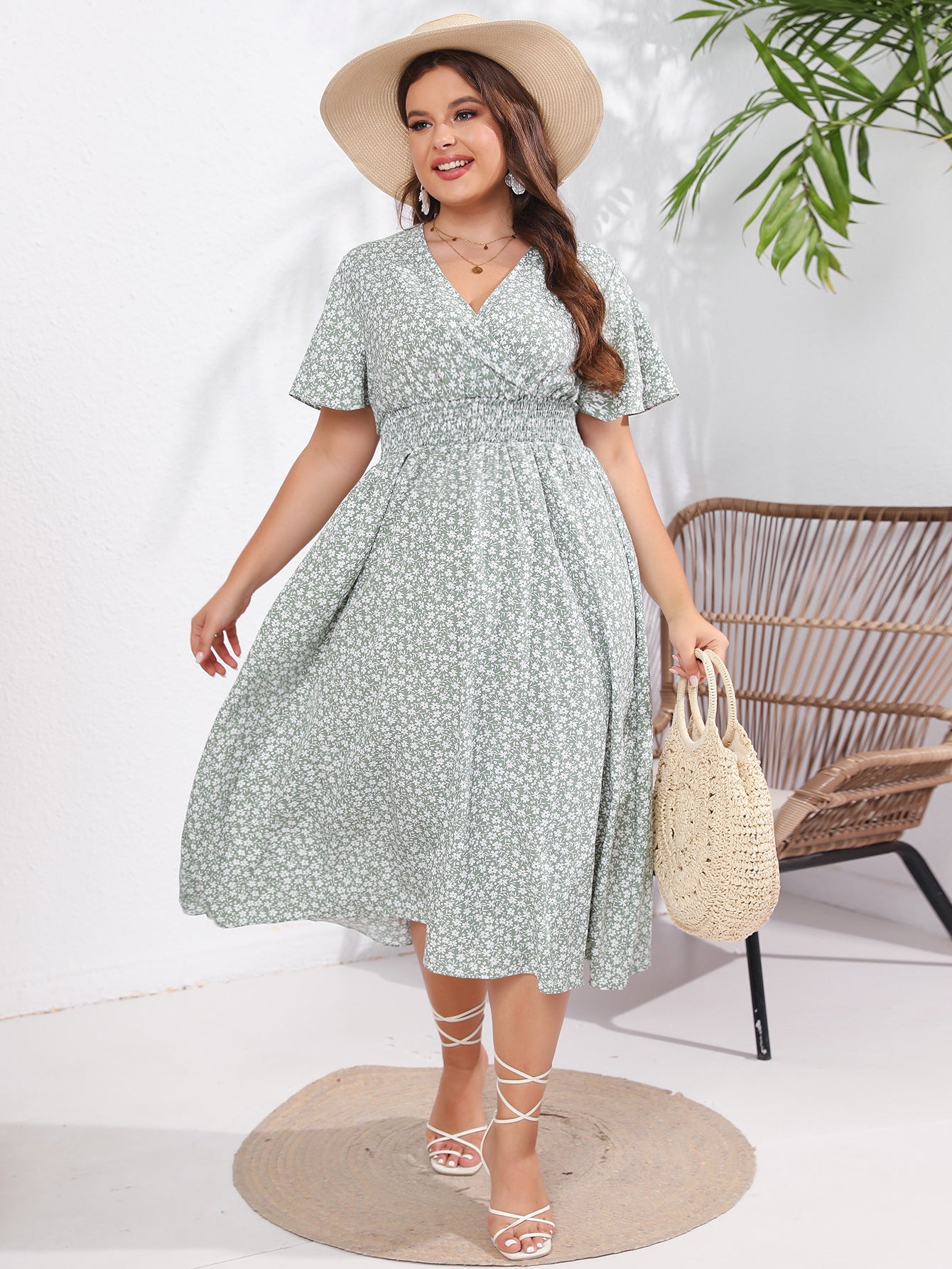 Women's Summer Plus Size Short Sleeve V-Neck Slim Waist Print Dress 4