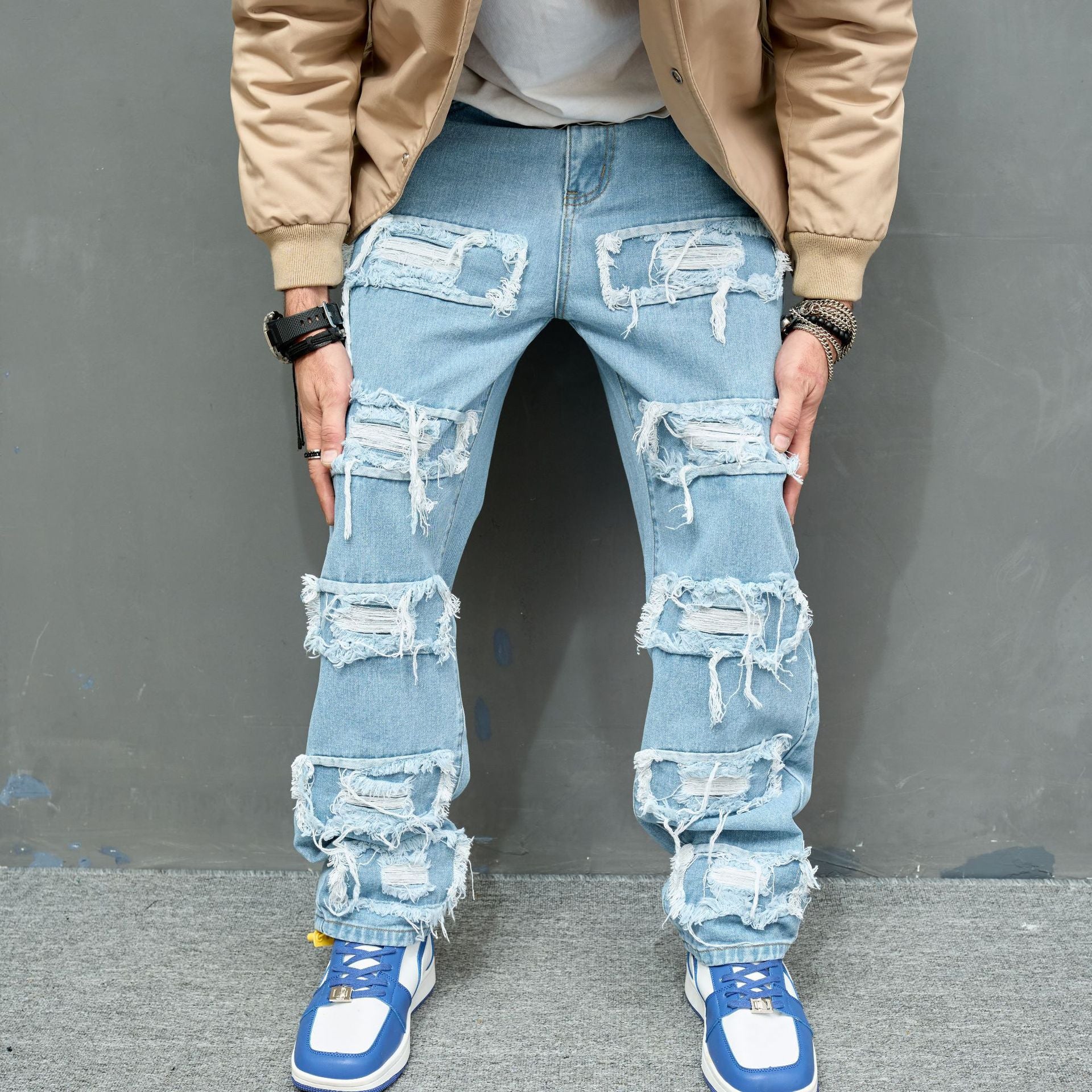 Men's Raw Denim Pants Solid Color Slim Fit Skinny Stretch Ripped Destroyed Slim Long Pants 5