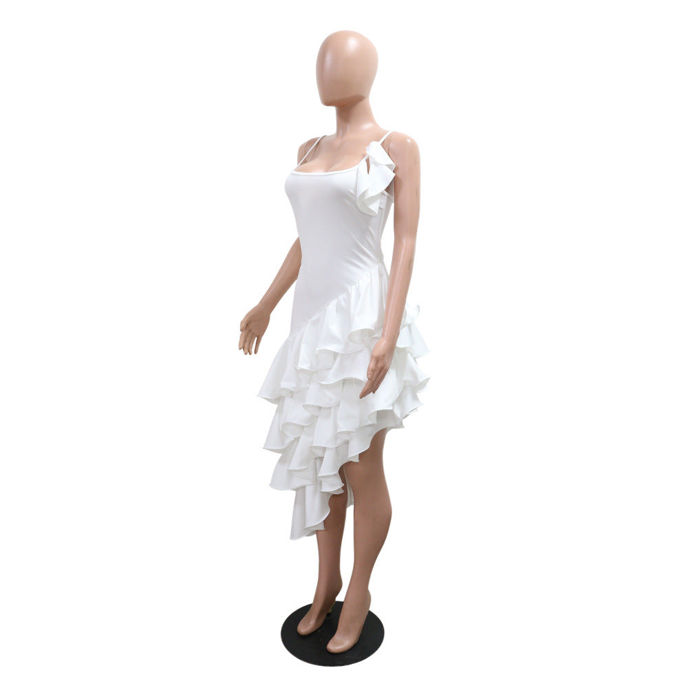 Summer Women's Solid Color Sexy Irregular Ruffle Straps Dress 9