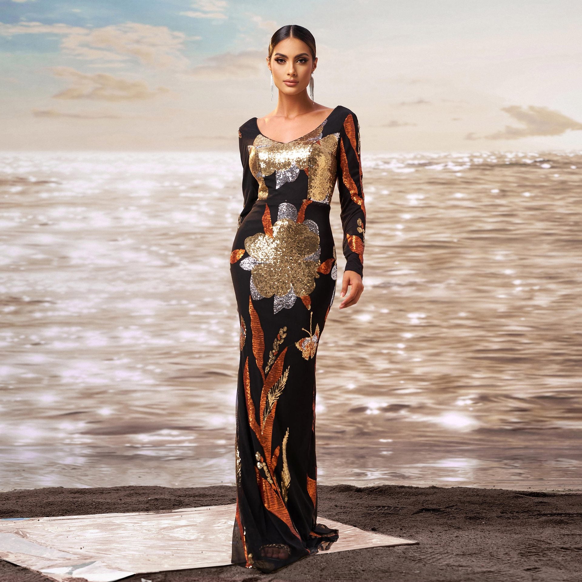 Women long sleeve v-neck Bodycon sequin Formal Party fishtail evening gown 6