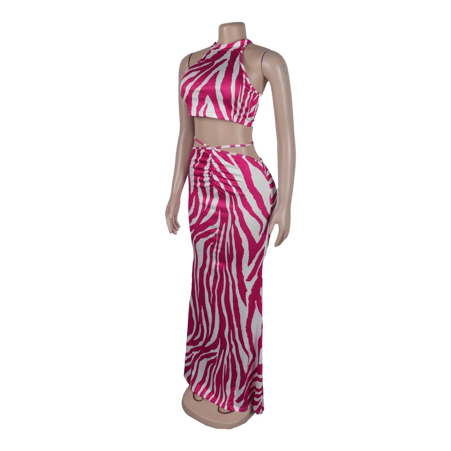 Women Striped Crop Top and Long Skirt Two Piece Set 14