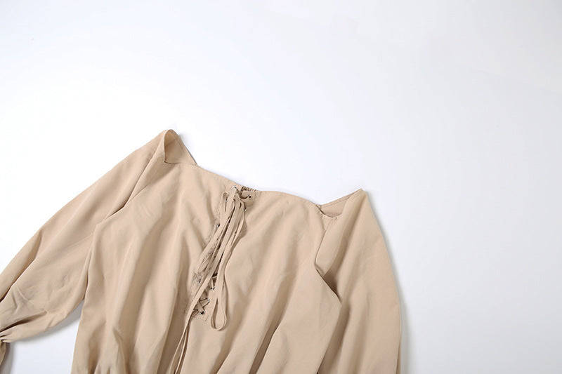 Women's Autumn Sexy Solid Color Off Shoulder Low Back Loose Lace-up Belt Bell Sleeve Dress 15